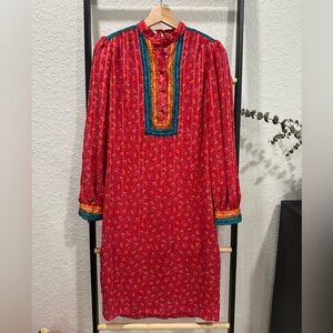Vintage 70s Umba Parnes Feinstein Boho Paisley Folk Tunic Dress Hippie Red